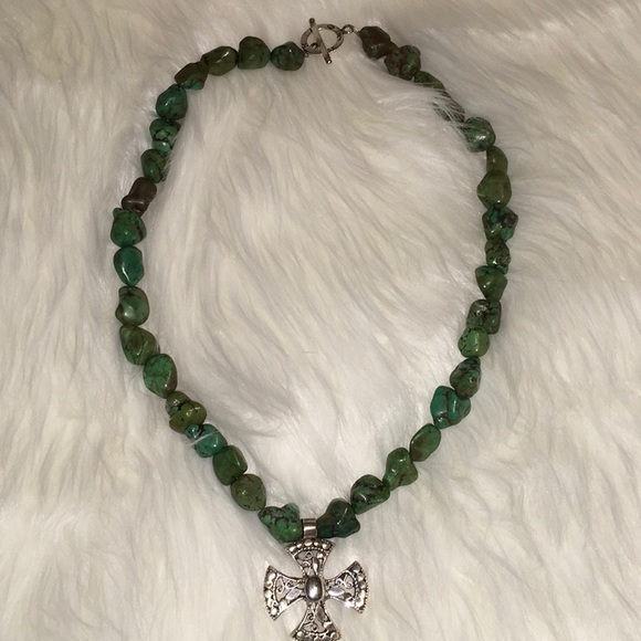 💜 BEADED TURQUOISE NECKLACE STERLING SILVER CROSS - Picture 2 of 5